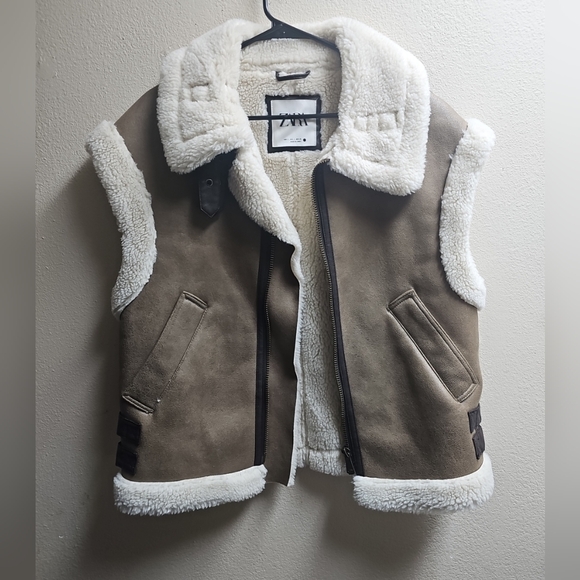 ZARA BROWN DOUBLE-FACED FAUX SHEARLING FUR GILET WAISTCOAT AVIATOR JACKET COAT S - Picture 1 of 8